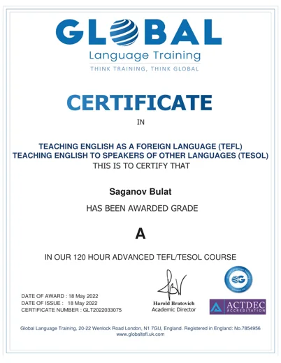 Сертификат Advanced TEFL/TESOL Булата Саганова, Global Language Training, 2022